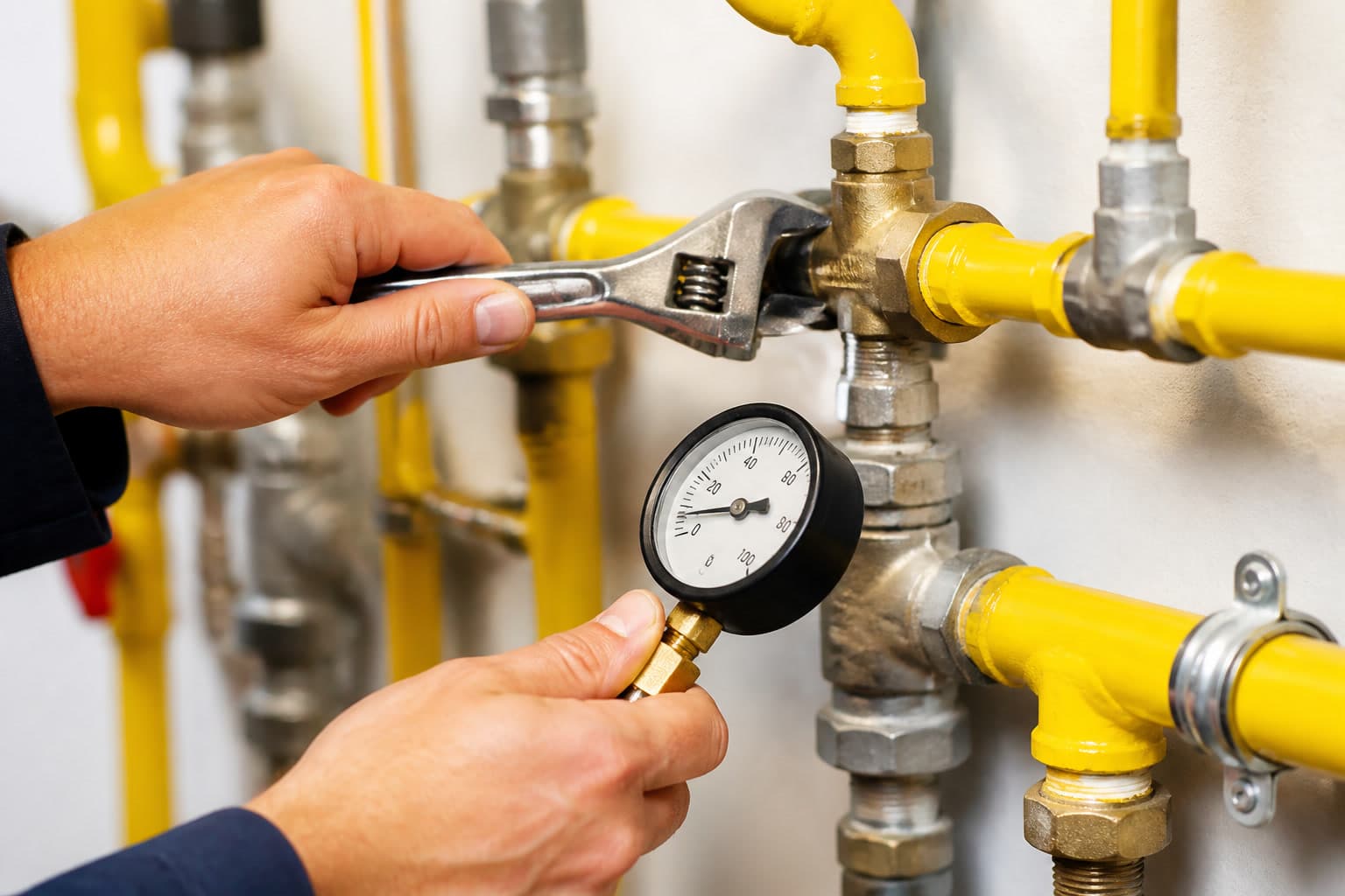 Doğalgaz borusu ve basınç kontrolü yapan tesisat ustası